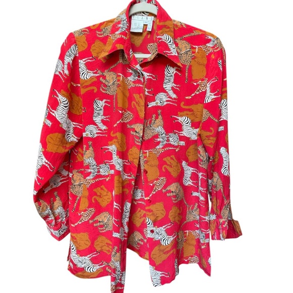 Piano vintage Red Silk Safari Print Blouse M - Picture 1 of 7